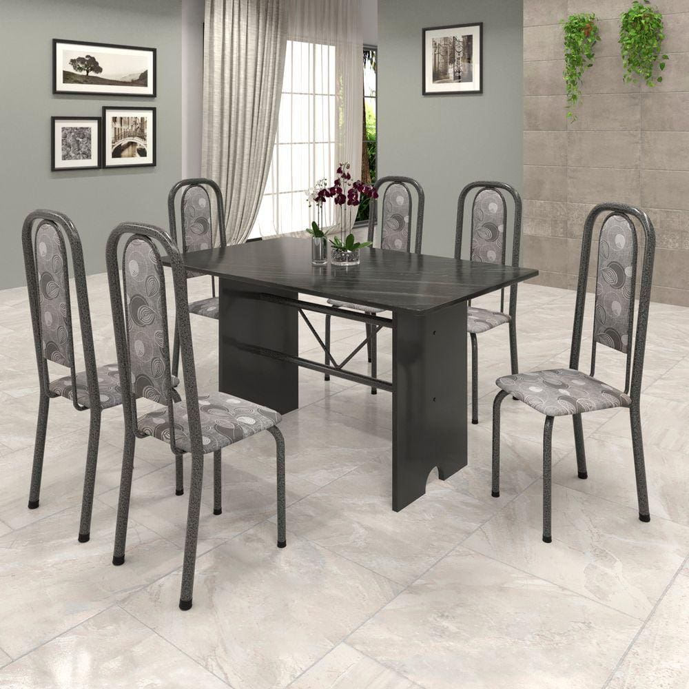 Conjunto de Mesa 070 140x75cm Tampo Ardósia com 6 Cadeiras Lavínea Soma Móveis Paraopeba / Mart Prata