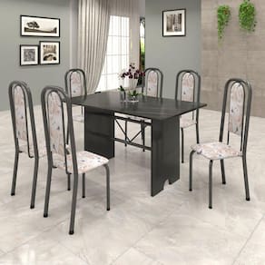 Conjunto de Mesa 070 140x75cm Tampo Ardósia com 6 Cadeiras Lavínea Soma Móveis Botanic Bege / Mart Prata