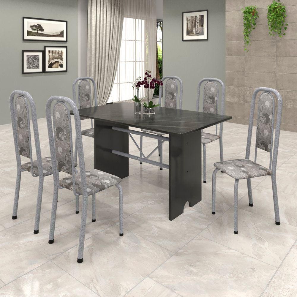 Conjunto de Mesa 070 140x75cm Tampo Ardósia com 6 Cadeiras Lavínea Soma Móveis Paraopeba / Mart Perola