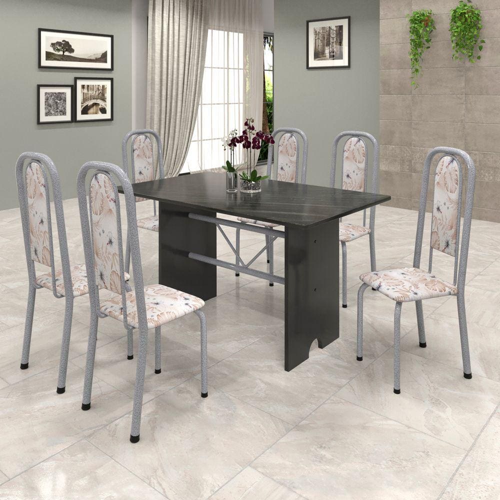Conjunto de Mesa 070 140x75cm Tampo Ardósia com 6 Cadeiras Lavínea Soma Móveis Botanic Bege / Mart Perola