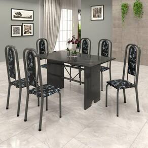 Conjunto de Mesa 070 140x75cm Tampo Ardósia com 6 Cadeiras Lavínea Soma Móveis Preto Floral / Mart Prata