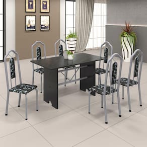 Conjunto de Mesa 070 140x75cm Tampo Ardósia com 6 Cadeiras Bianca Soma Móveis Preto Floral / Mart Perola