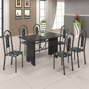 Conjunto de Mesa 070 140x75cm Tampo Ardósia com 6 Cadeiras Bianca Soma Móveis Preto Floral / Mart Prata