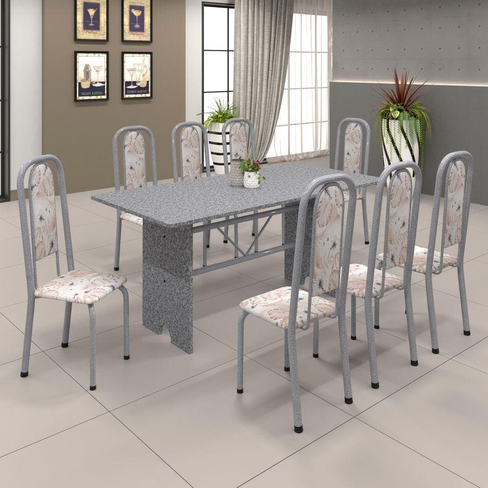 Conjunto de Mesa 071 180x75cm Tampo Granito com 8 Cadeiras Lavínea Soma Móveis Botanic Bege / Mart Perola