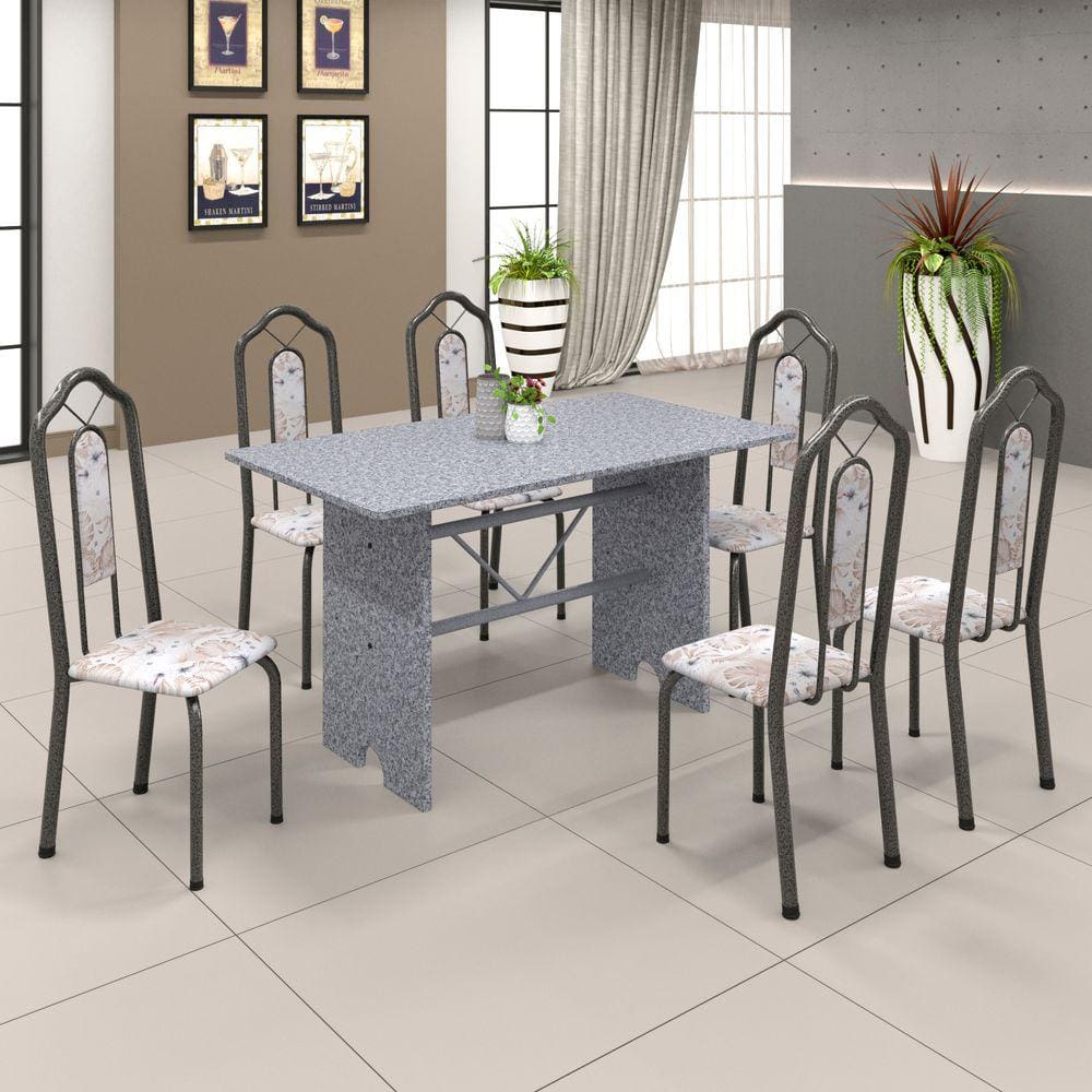 Conjunto de Mesa 070 140x75cm Tampo Granito com 6 Cadeiras Bianca Soma Móveis Botanic Bege / Mart Prata