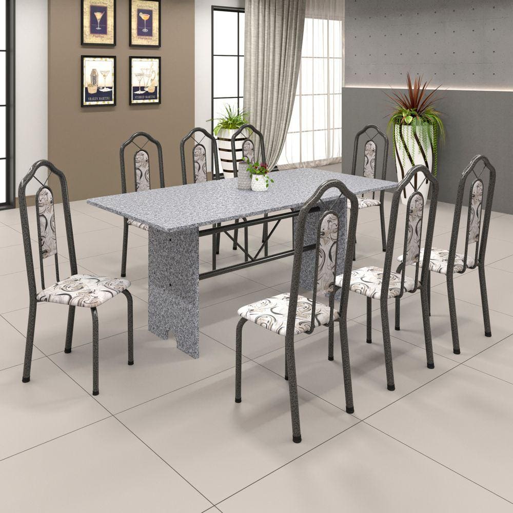 Conjunto de Mesa 071 180x75cm Tampo Granito com 8 Cadeiras Bianca Soma Móveis Arabesco / Mart Prata