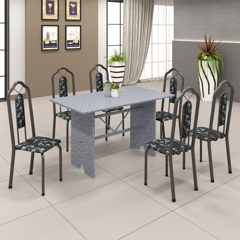 Conjunto de Mesa 070 140x75cm Tampo Granito com 6 Cadeiras Bianca Soma Móveis Preto Floral / Mart Prata