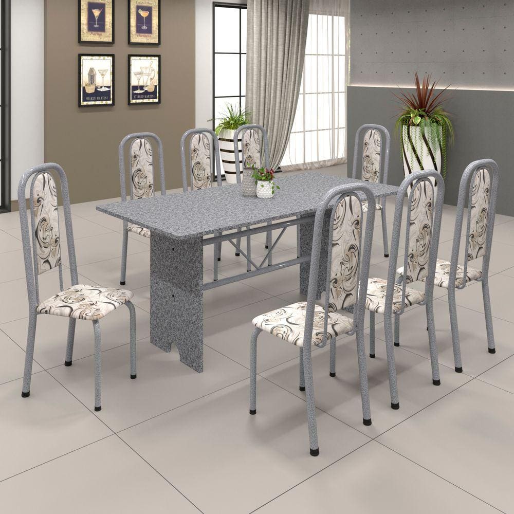 Conjunto de Mesa 071 180x75cm Tampo Granito com 8 Cadeiras Lavínea Soma Móveis Arabesco / Mart Perola