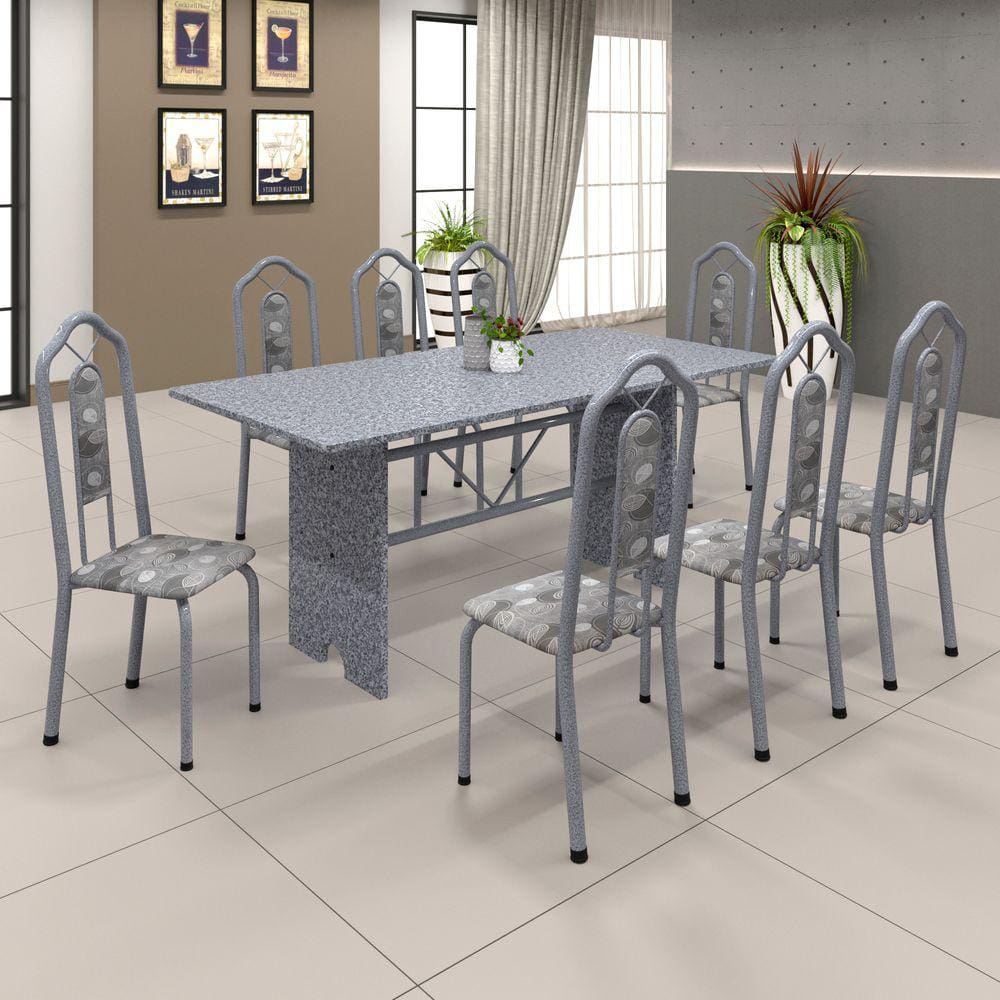 Conjunto de Mesa 071 180x75cm Tampo Granito com 8 Cadeiras Bianca Soma Móveis Paraopeba / Mart Perola