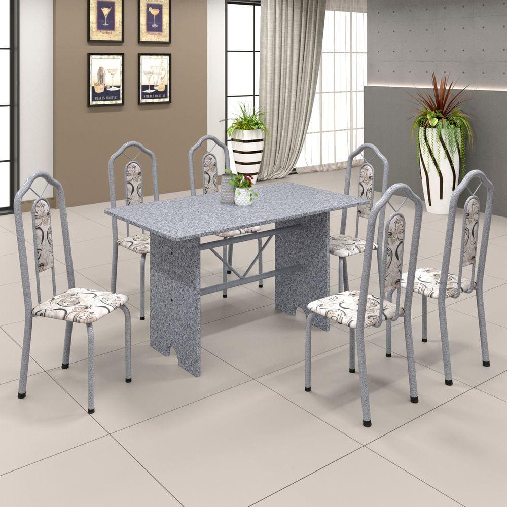 Conjunto de Mesa 070 140x75cm Tampo Granito com 6 Cadeiras Bianca Soma Móveis Arabesco / Mart Perola