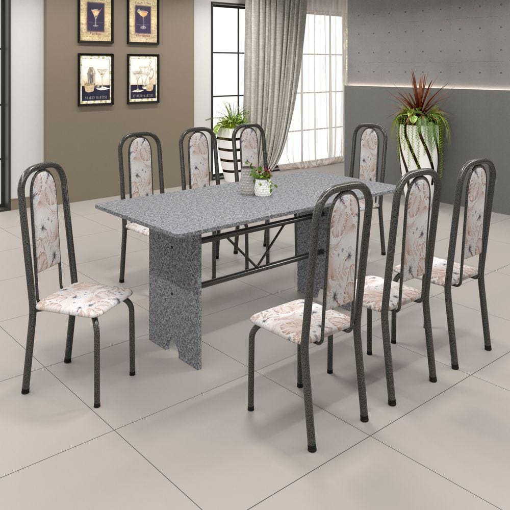 Conjunto de Mesa 071 180x75cm Tampo Granito com 8 Cadeiras Lavínea Soma Móveis Botanic Bege / Mart Prata