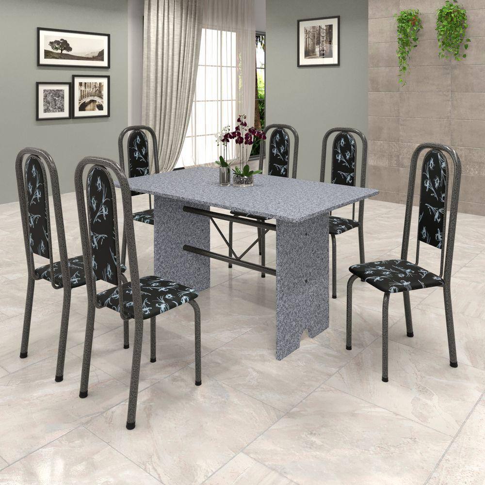 Conjunto de Mesa 070 140x75cm Tampo Granito com 6 Cadeiras Lavínea Soma Móveis Preto Floral / Mart Prata