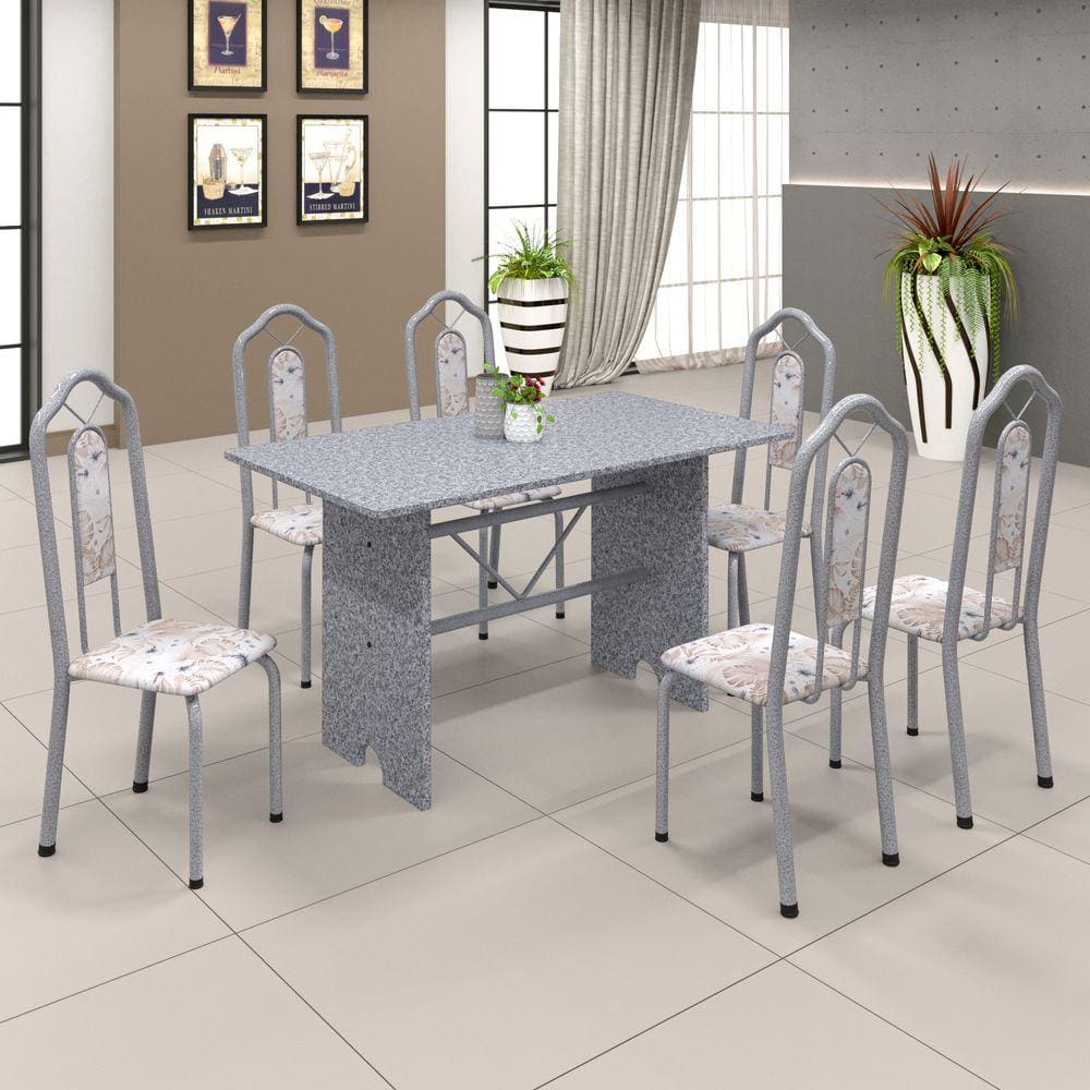 Conjunto de Mesa 070 140x75cm Tampo Granito com 6 Cadeiras Bianca Soma Móveis Botanic Bege / Mart Perola