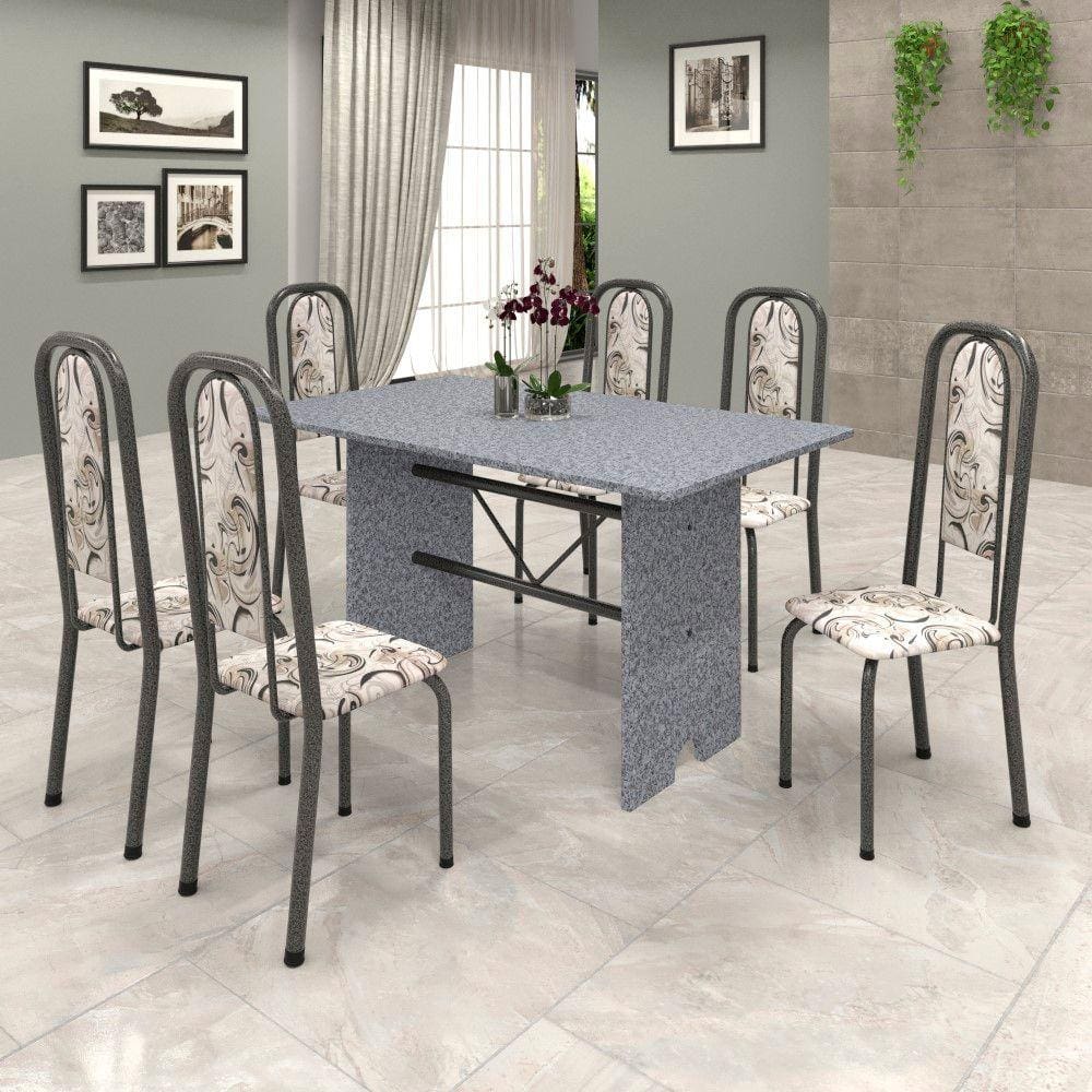 Conjunto de Mesa 070 140x75cm Tampo Granito com 6 Cadeiras Lavínea Soma Móveis Arabesco / Mart Prata