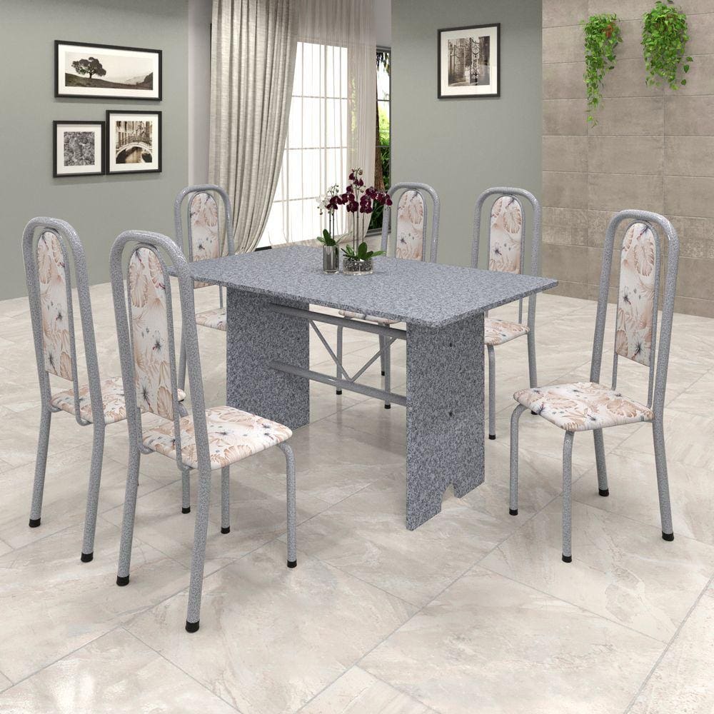 Conjunto de Mesa 070 140x75cm Tampo Granito com 6 Cadeiras Lavínea Soma Móveis Botanic Bege / Mart Pérola