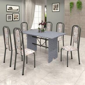 Conjunto de Mesa 070 140x75cm Tampo Granito com 6 Cadeiras Lavínea Soma Móveis Botanic Bege / Mart Prata
