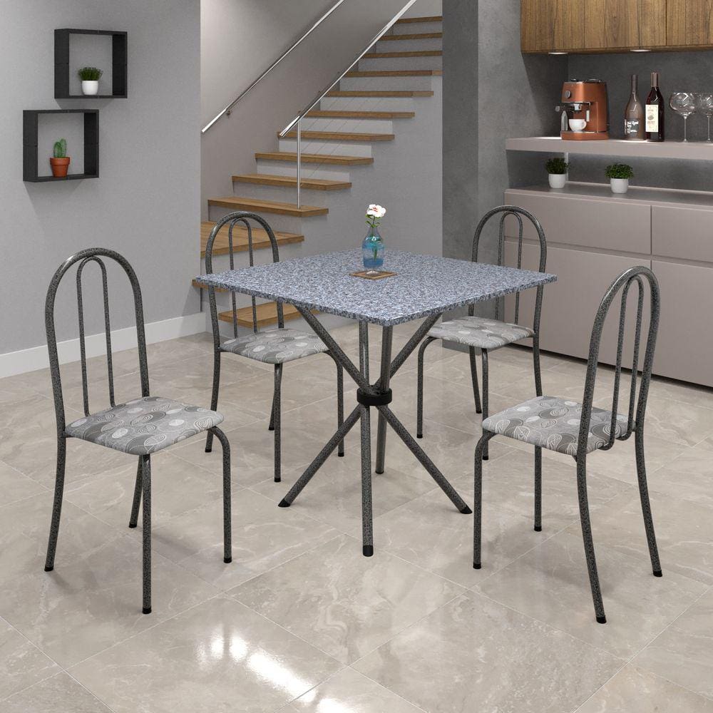 Conjunto de Mesa Tubular 70x70cm Tampo de Granito com 4 Cadeiras Ane B Soma Móveis Paraopeba / Mart Prata