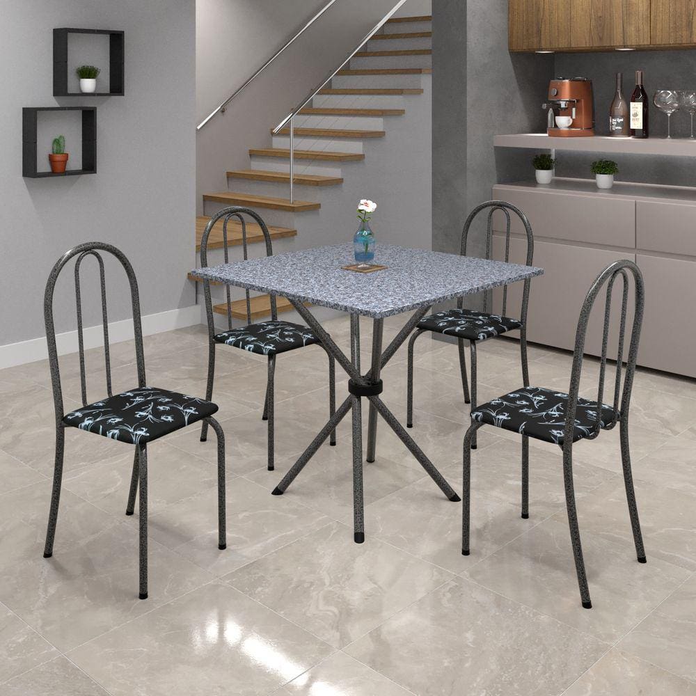 Conjunto de Mesa Tubular 70x70cm Tampo de Granito com 4 Cadeiras Ane B Soma Móveis Preto Floral / Mart Prata