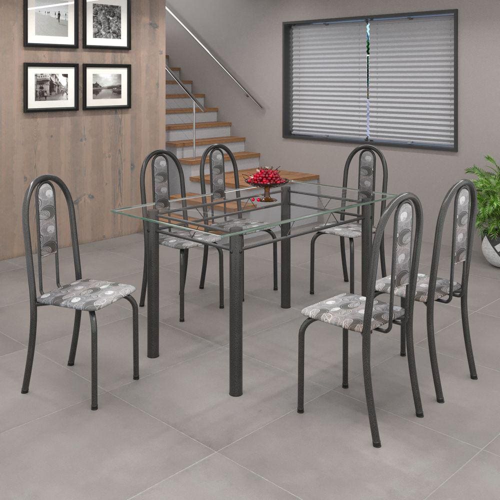 Conjunto de Mesa 010 Tubular 140cm com Tampo de Vidro 6 Cadeiras Iris Soma Móveis Paraopeba / Mart Prata