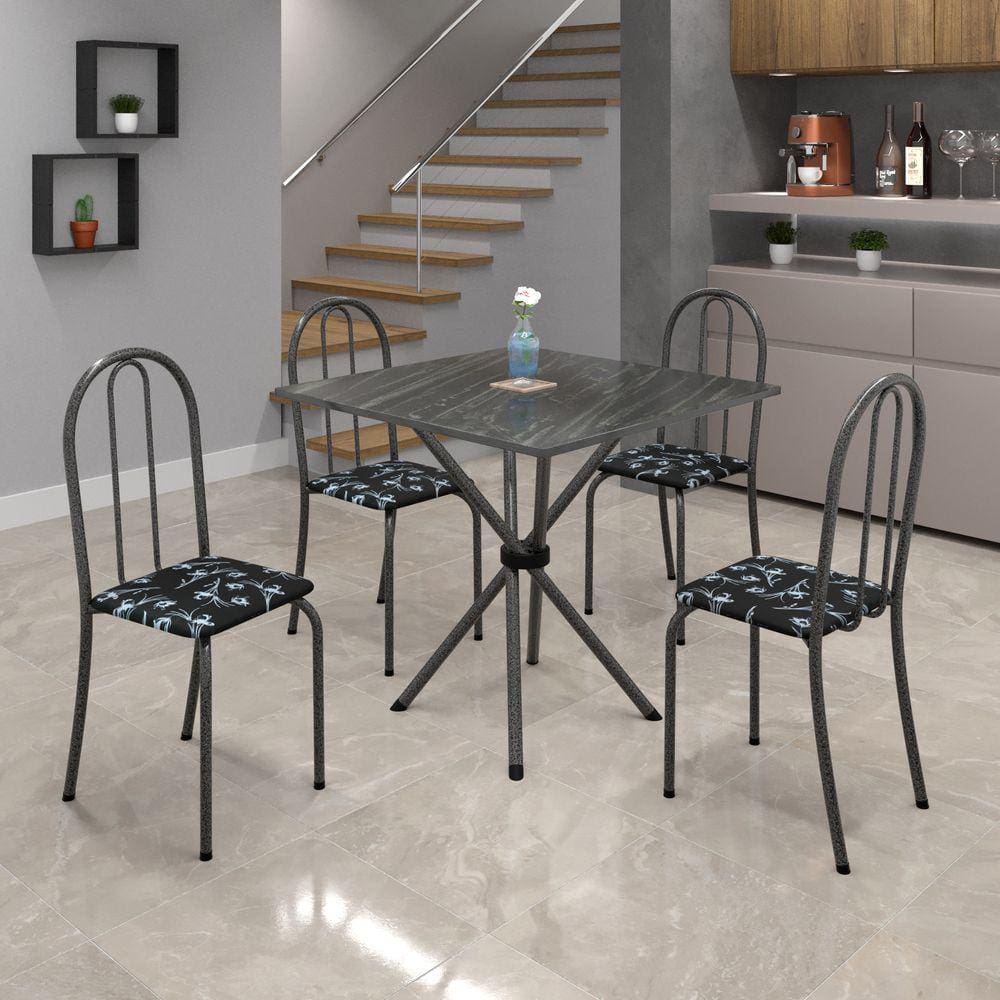 Conjunto de Mesa Tubular 70x70cm Tampo de Ardósia com 4 Cadeiras Ane B Soma Móveis Preto Floral / Mart Prata