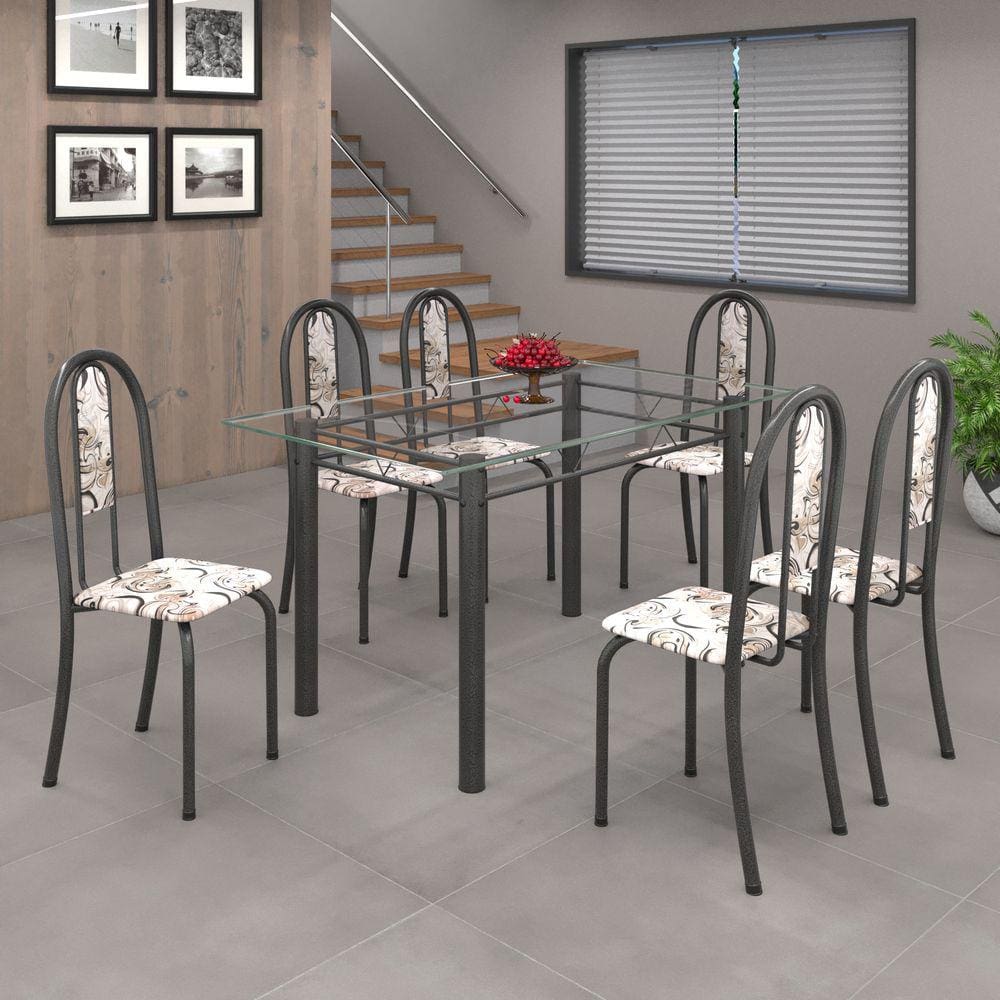 Conjunto de Mesa 010 Tubular 140cm com Tampo de Vidro 6 Cadeiras Iris Soma Móveis Arabesco / Mart Prata