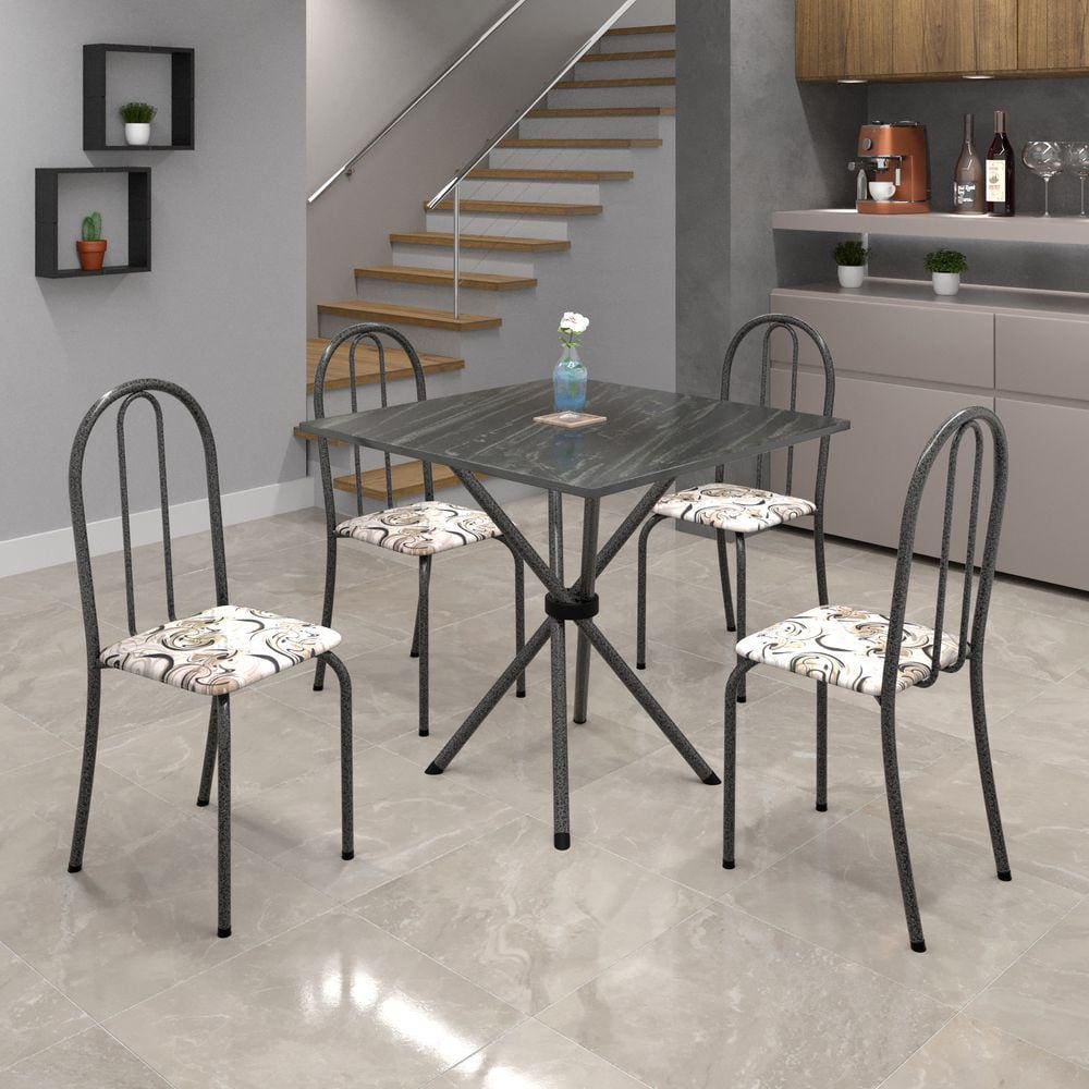 Conjunto de Mesa Tubular 70x70cm Tampo de Ardósia com 4 Cadeiras Ane B Soma Móveis Arabesco / Mart Prata
