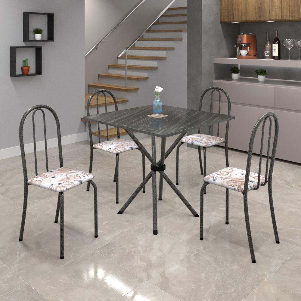 Conjunto de Mesa Tubular 70x70cm Tampo de Ardósia com 4 Cadeiras Ane B Soma Móveis Botanic Bege / Mart Prata