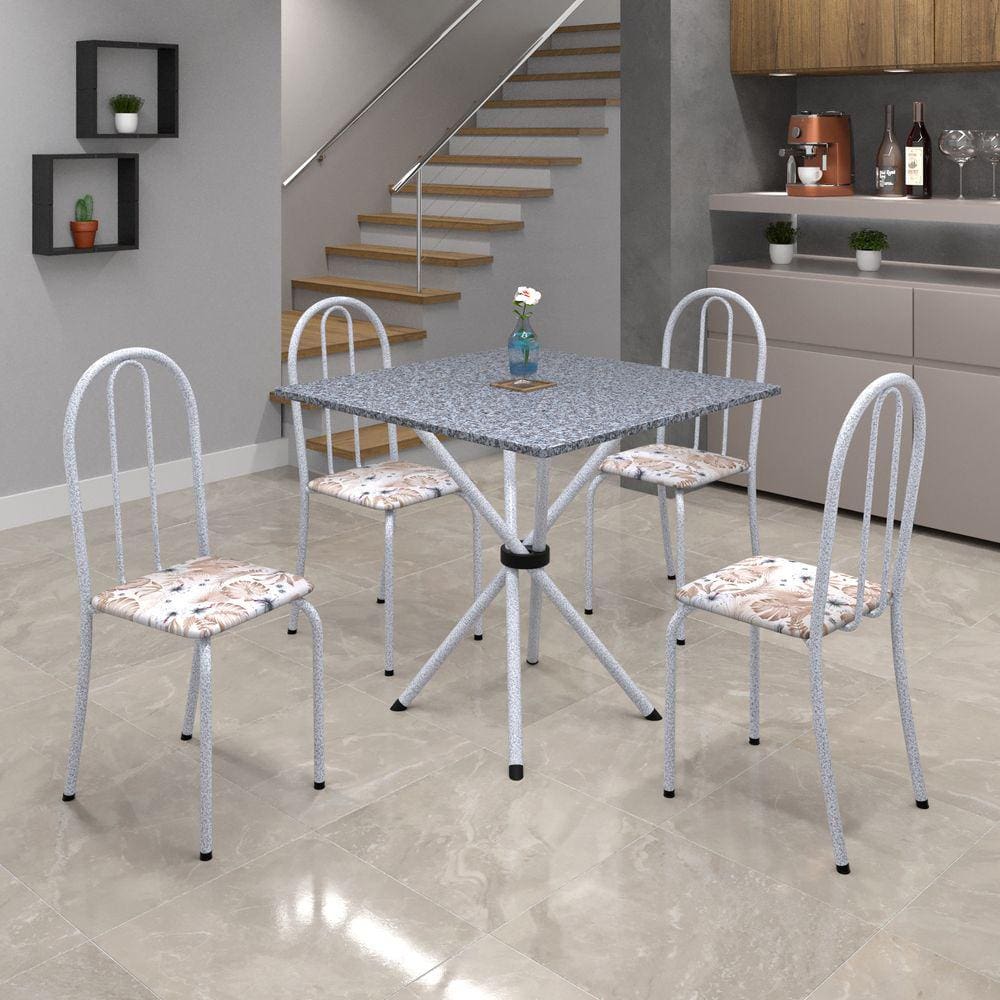 Conjunto de Mesa Tubular 70x70cm Tampo de Granito com 4 Cadeiras Ane B Soma Móveis Botanic Bege / Mart Perola