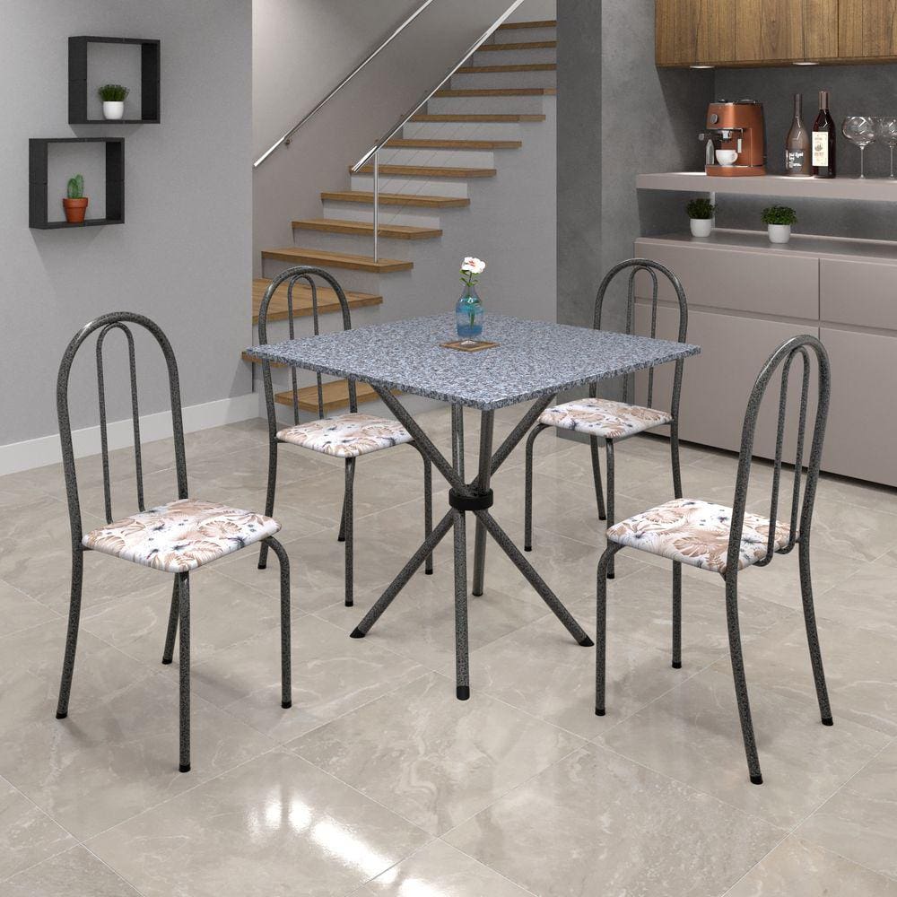 Conjunto de Mesa Tubular 70x70cm Tampo de Granito com 4 Cadeiras Ane B Soma Móveis Botanic Bege / Mart Prata