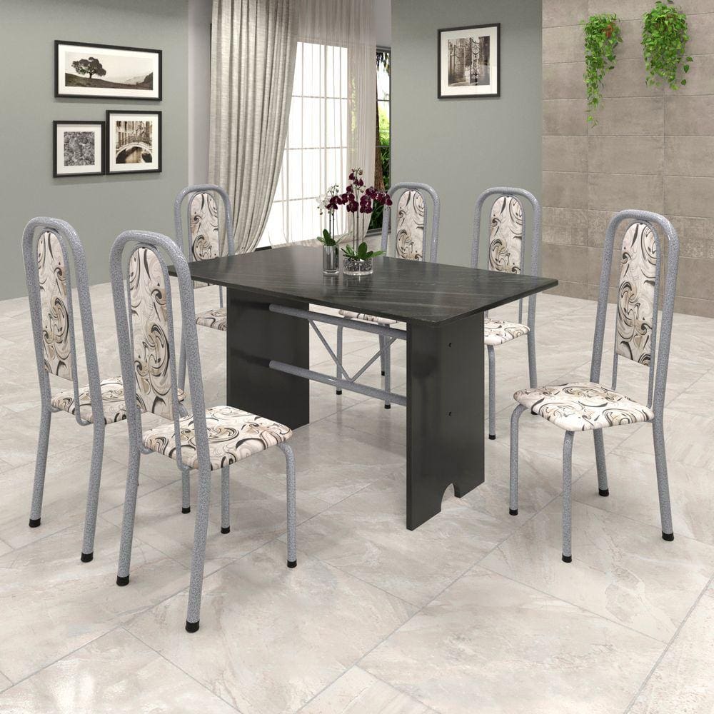 Conjunto de Mesa 070 140x75cm Tampo Ardósia com 6 Cadeiras Lavínea Soma Móveis Arabesco / Mart Perola