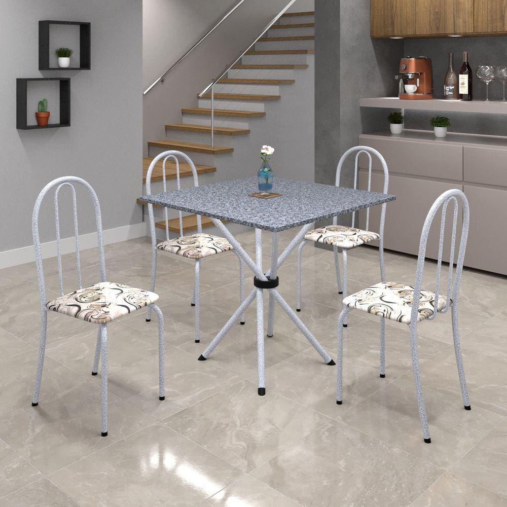 Conjunto de Mesa Tubular 70x70cm Tampo de Granito com 4 Cadeiras Ane B Soma Móveis Arabesco / Mart Perola