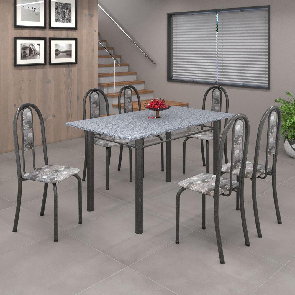 Conjunto de Mesa 010 Tubular 140cm com Tampo de Granito 6 Cadeiras Iris Soma Móveis Paraopeba / Mart Prata