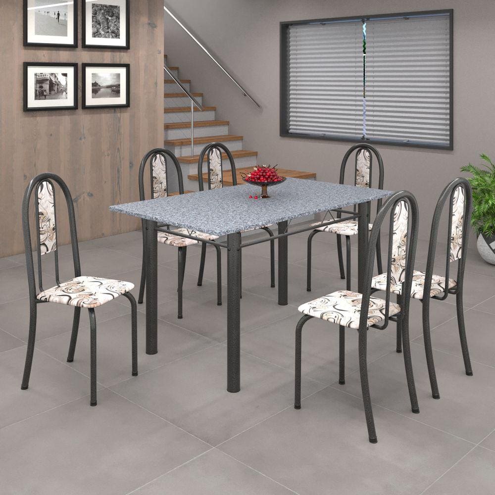 Conjunto de Mesa 010 Tubular 140cm com Tampo de Granito 6 Cadeiras Iris Soma Móveis Arabesco / Mart Prata