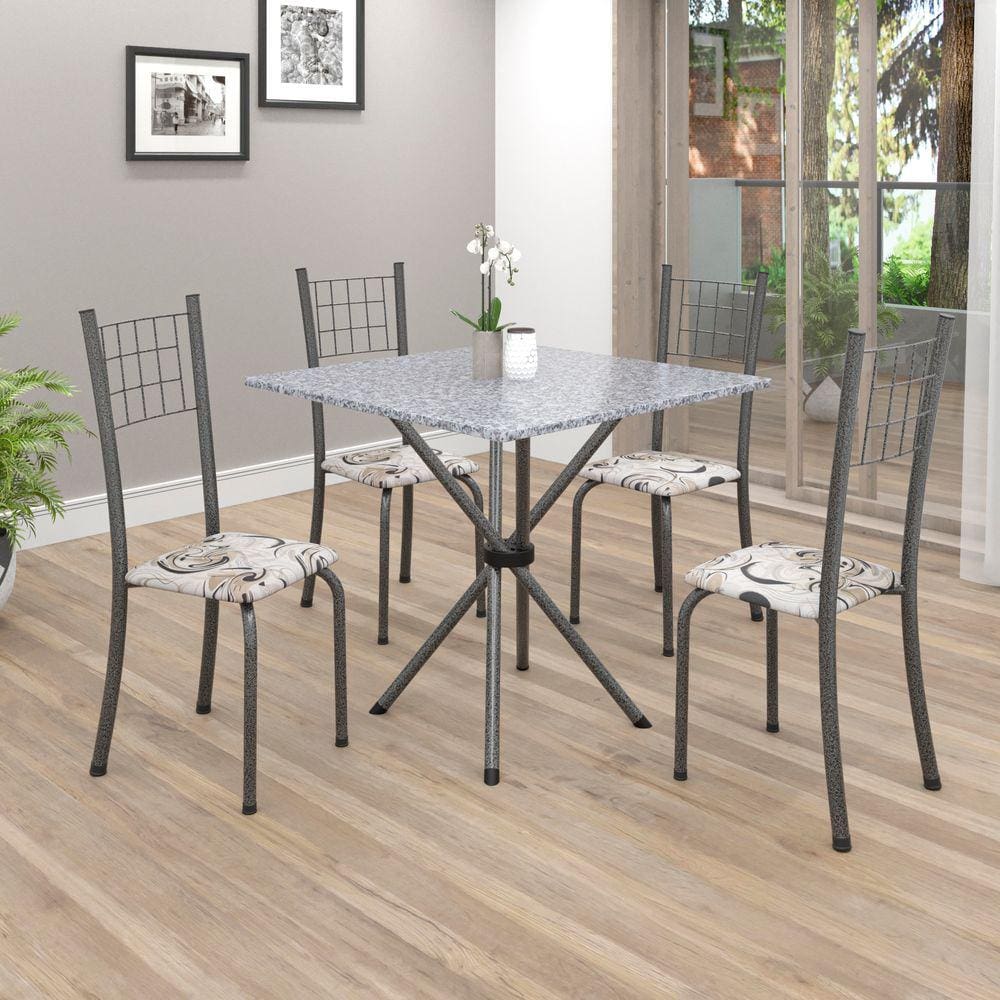 Conjunto de Mesa Tubular 70x70cm Tampo em Granito com 4 Cadeiras Dany Soma Móveis Arabesco / Mart Prata