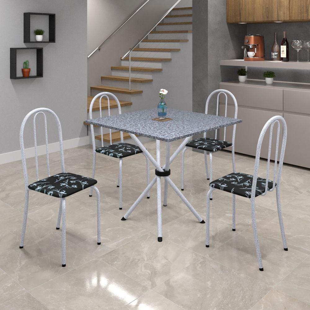 Conjunto de Mesa Tubular 70x70cm Tampo de Granito com 4 Cadeiras Ane B Soma Móveis Preto Floral / Mart Perola