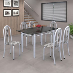 Conjunto de Mesa 010 Tubular 140cm com Tampo de Ardósia 6 Cadeiras Iris Soma Móveis Paraopeba / Mart Perola