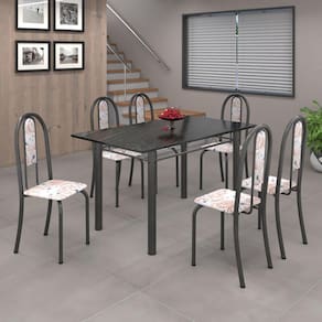Conjunto de Mesa 010 Tubular 140cm com Tampo de Ardósia 6 Cadeiras Iris Soma Móveis Botanic Bege / Mart Prata