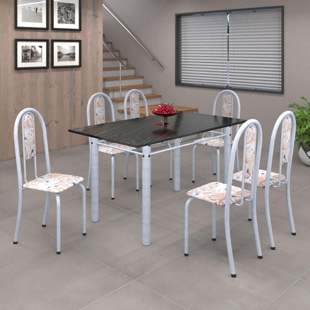 Conjunto de Mesa 010 Tubular 140cm com Tampo de Ardósia 6 Cadeiras Iris Soma Móveis Botanic Bege / Mart Perola