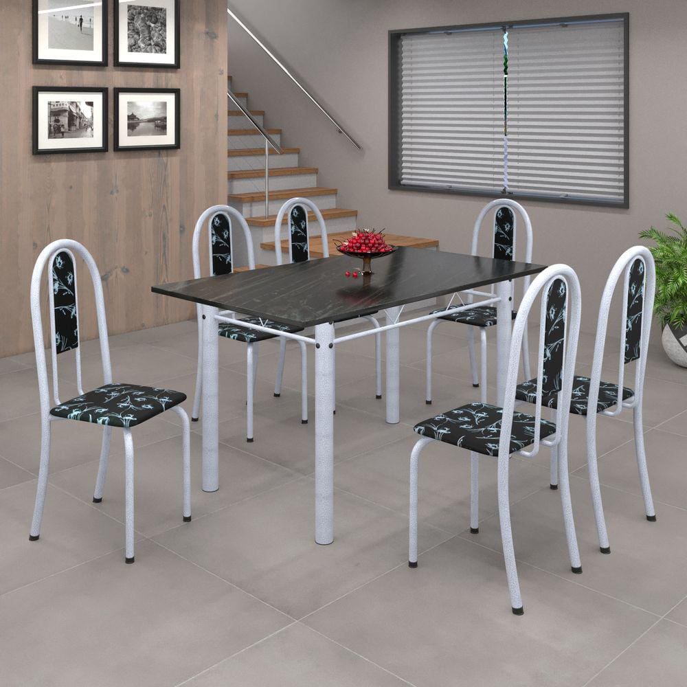 Conjunto de Mesa 010 Tubular 140cm com Tampo de Ardósia 6 Cadeiras Iris Soma Móveis Preto Floral / Mart Perola