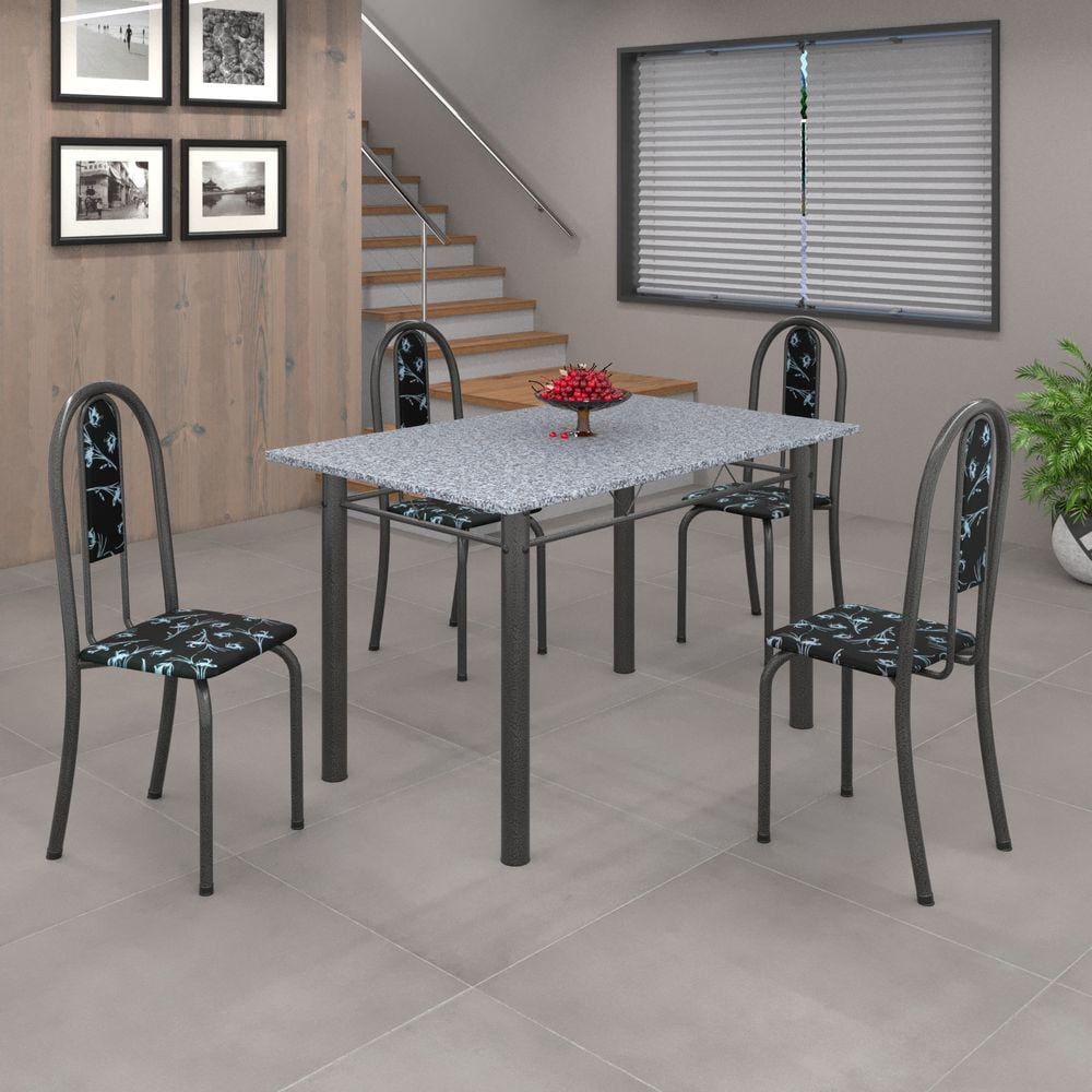 Conjunto de Mesa 010 Tubular 120cm com Tampo de Granito 4 cadeiras Iris Soma Móveis Preto Floral / Mart Prata