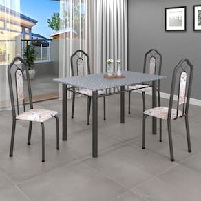 Conjunto de Mesa 010 Tubular 120x75cm Tampo Granito com 4 Cadeiras Bianca Soma Móveis Botanic Bege / Mart Prata