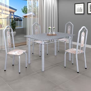 Conjunto de Mesa 010 Tubular 120x75cm Tampo Granito com 4 Cadeiras Bianca Soma Móveis Botanic Bege / Mart Perola