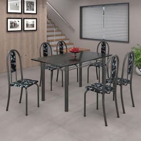 Conjunto de Mesa 010 Tubular 140cm com Tampo de Ardósia 6 cadeiras Iris Soma Móveis Preto Floral / Mart Prata