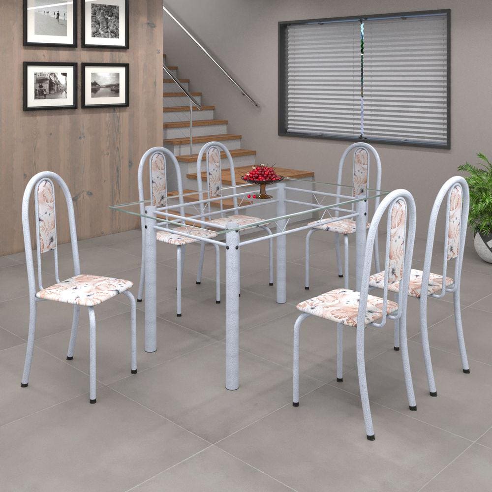 Conjunto de Mesa 010 Tubular 140cm com Tampo de Vidro 6 Cadeiras Iris Soma Móveis Botanic Bege / Mart Perola