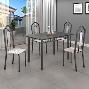 Conjunto de Mesa 010 Tubular 120x75cm Tampo Ardósia com 4 Cadeiras Bianca Soma Móveis Botanic Bege / Mart Prata