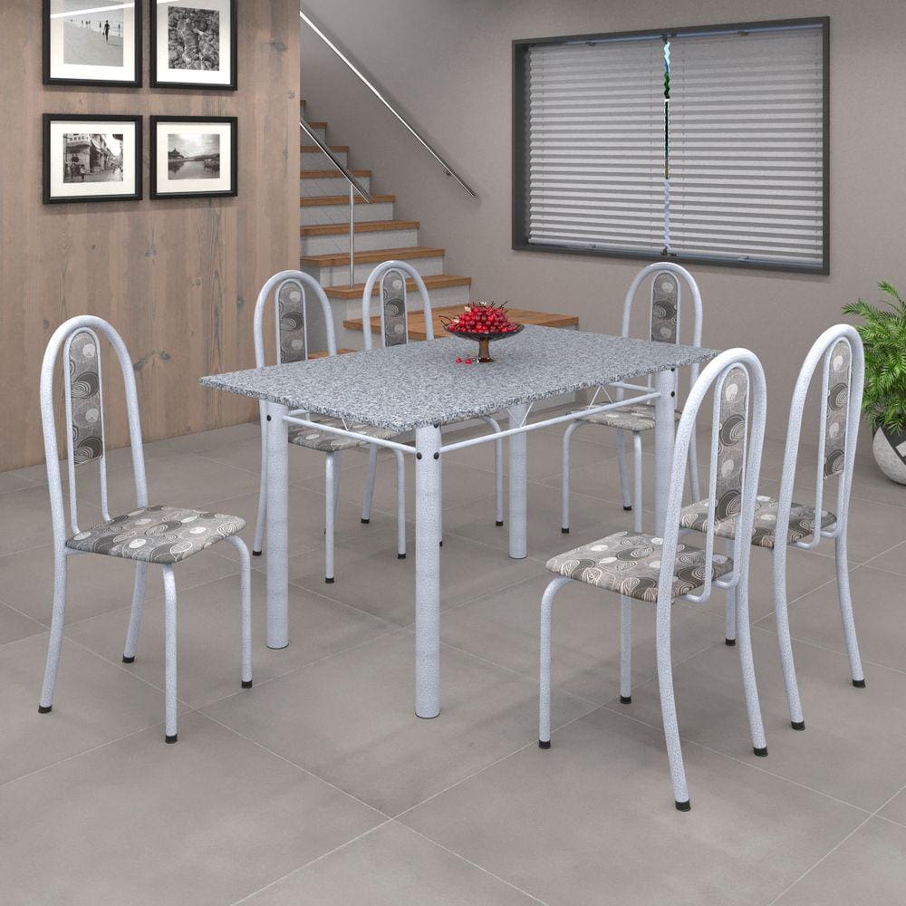 Conjunto de Mesa 010 Tubular 140cm com Tampo de Granito 6 Cadeiras Iris Soma Móveis Paraopeba / Mart Perola