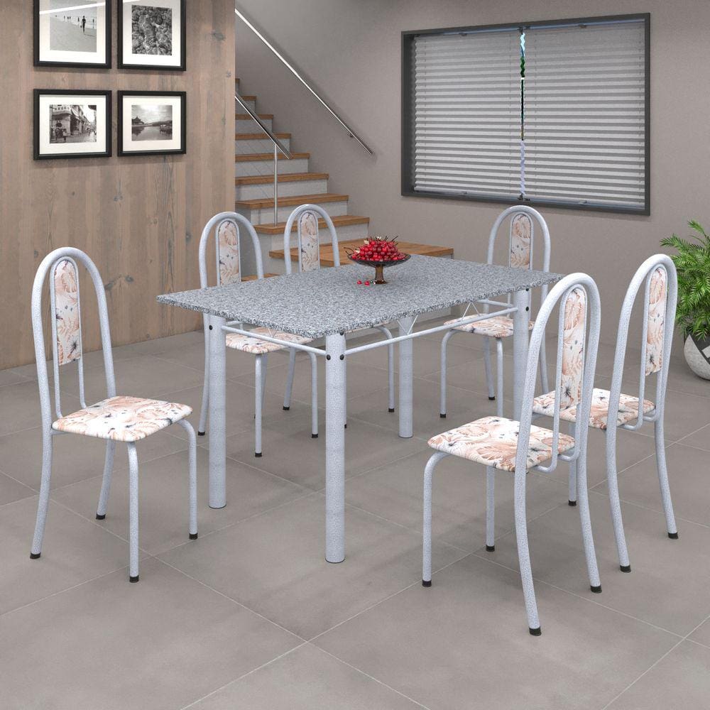 Conjunto de Mesa 010 Tubular 140cm com Tampo de Granito 6 Cadeiras Iris Soma Móveis Botanic Bege / Mart Perola