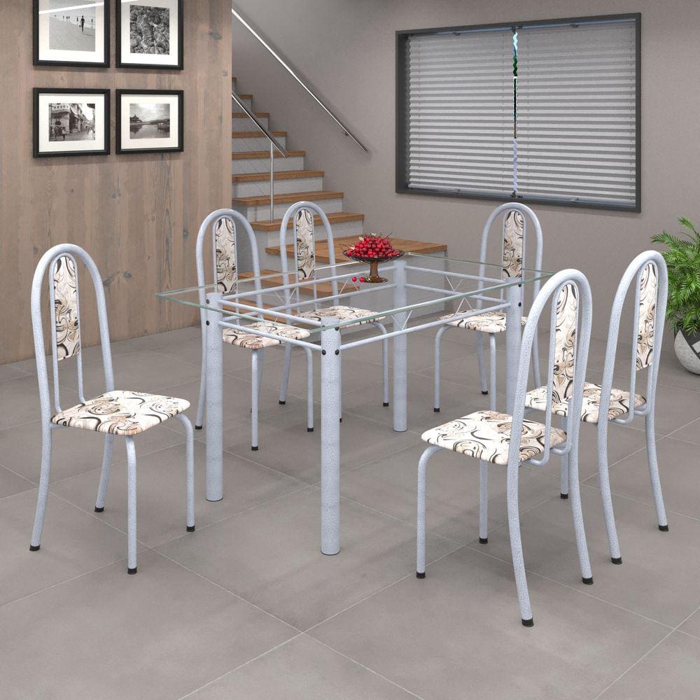 Conjunto de Mesa 010 Tubular 140cm com Tampo de Vidro 6 Cadeiras Iris Soma Móveis Arabesco / Mart Perola
