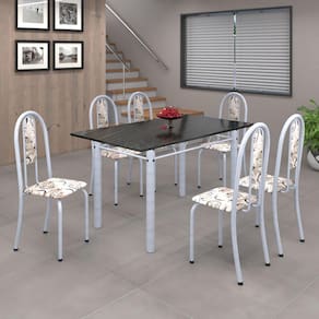Conjunto de Mesa 010 Tubular 140cm com Tampo de Ardósia 6 Cadeiras Iris Soma Móveis Arabesco / Mart Perola