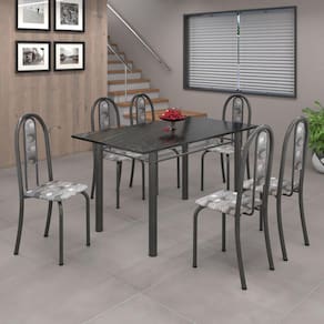 Conjunto de Mesa 010 Tubular 140cm com Tampo de Ardósia 6 Cadeiras Iris Soma Móveis Paraopeba / Mart Prata